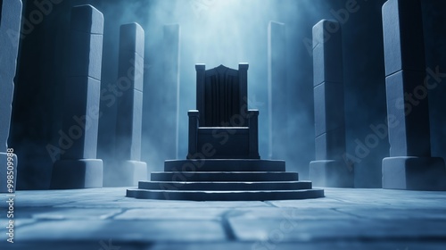 An imposing throne sits quietly in a shadowy, atmospheric chamber illuminated by ethereal light beams. photo