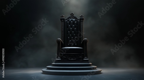 An ornate black throne sits alone on a circular pedestal surrounded by eerie mist in a darkened environment.