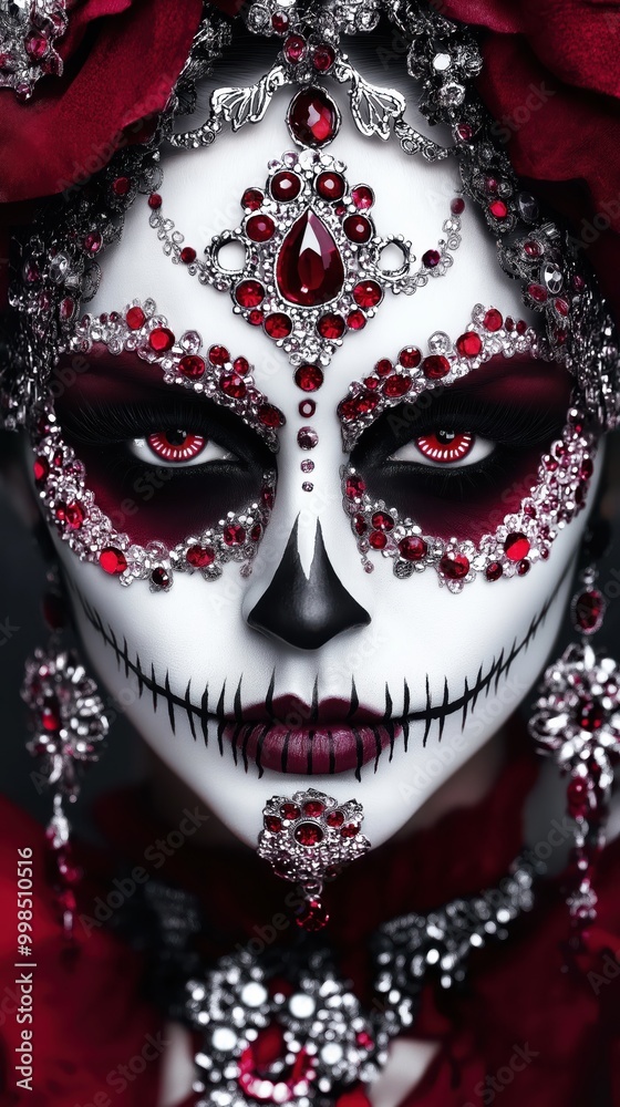The portrait captures a sugar skull makeup with luxurious jewels, emphasizing crimson and black hues in stunning detail. The portrait captures a sugar skull makeup with luxurious jewels, emphasizing crimson and black hues in stunning detail.