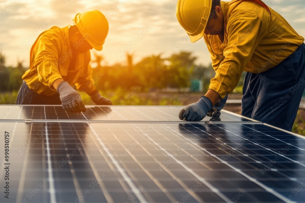 Two workers installing solar panels under a bright sunset sky, showcasing renewable energy efforts. Two workers installing solar panels under a bright sunset sky, showcasing renewable energy efforts.