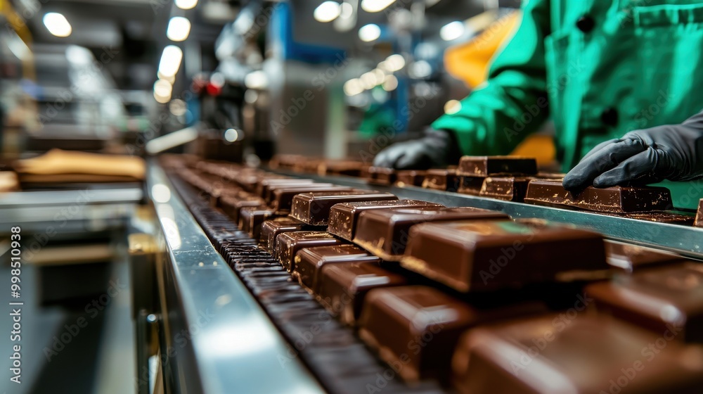 Chocolate production process with worker hands at conveyor belt in factory. Chocolate production process with worker hands at conveyor belt in factory.