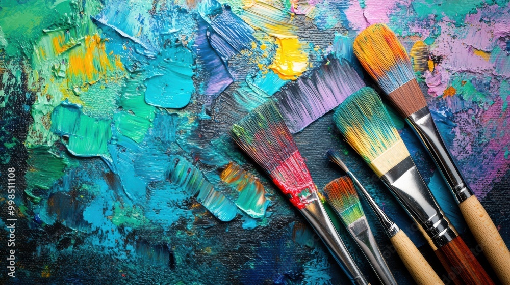 Obraz premium Bright splashes of color surround paintbrushes, transforming a blank canvas into an expressive abstract artwork in a painter's studio. Generative AI