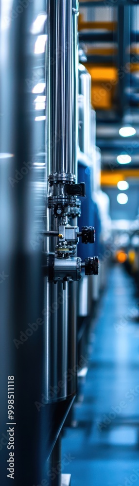 Close-up view of industrial machinery in a factory, showcasing pipes and equipment against a blurred background. Close-up view of industrial machinery in a factory, showcasing pipes and equipment against a blurred background.