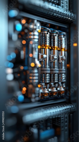 Close-up view of server components with illuminated details, showcasing modern computing technology.