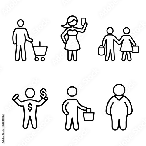 People in shopping mall with shopping and carts. Set of vector monochrome icons in line art style