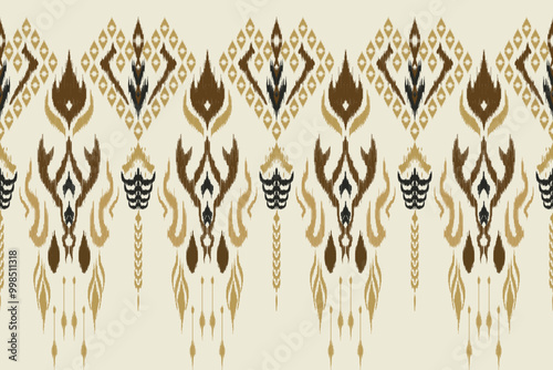 Traditional geometric patterns of ikat fabric with tribal motifs in brown and beige tones, perfect for textiles, upholstery and wallpaper.