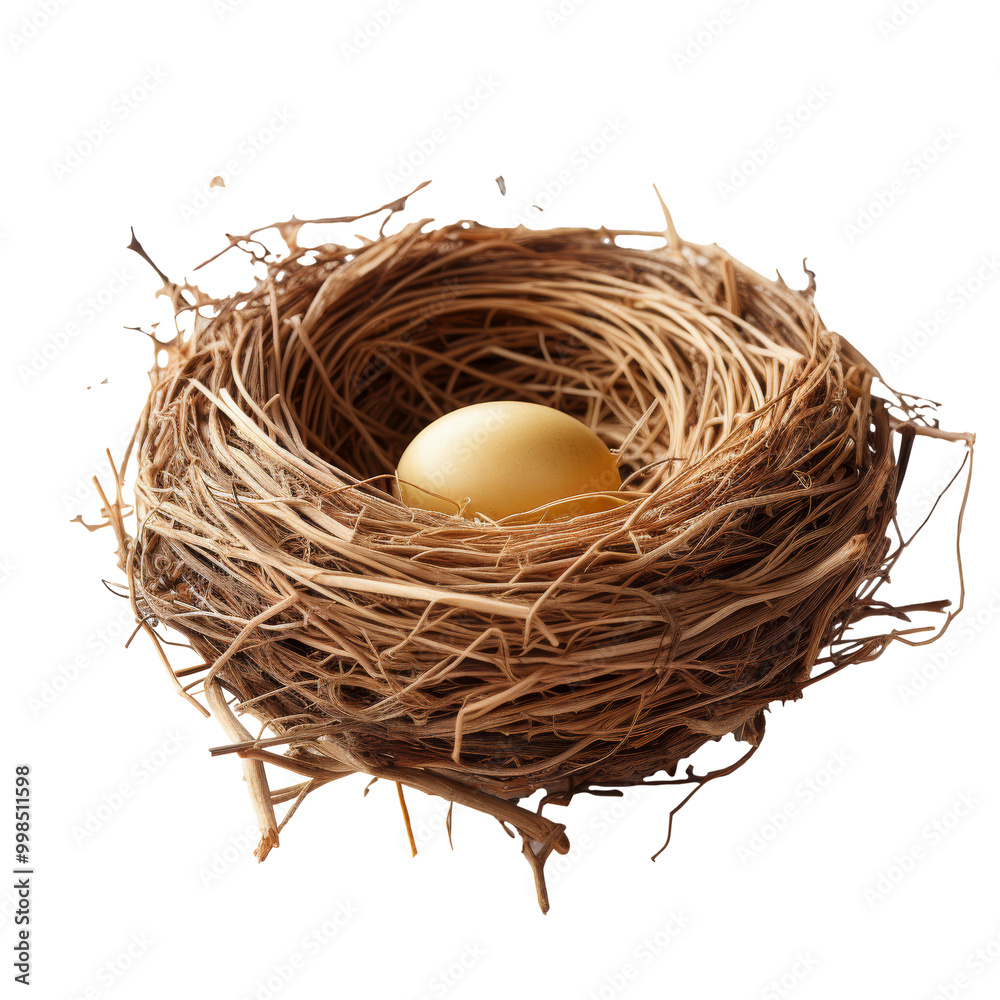 Natural nest with a single egg resting on a white backdrop Natural nest with a single egg resting on a white backdrop