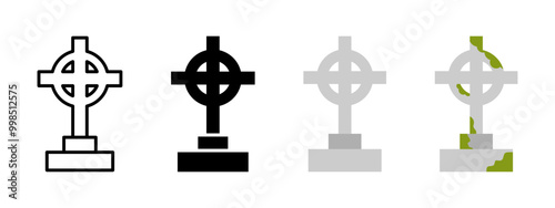 Cross tombstone icon. Gravestone vector illustration. Cemetery cross memorial symbol. Tombstone pictogram. Halloween tomb sign. Burial headstone monument icon. Death concept. Horror crypt concept.
