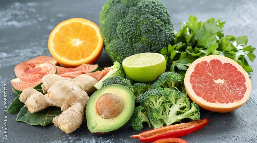 A variety of fruits and vegetables are displayed on a table, including oranges A variety of fruits and vegetables are displayed on a table, including oranges