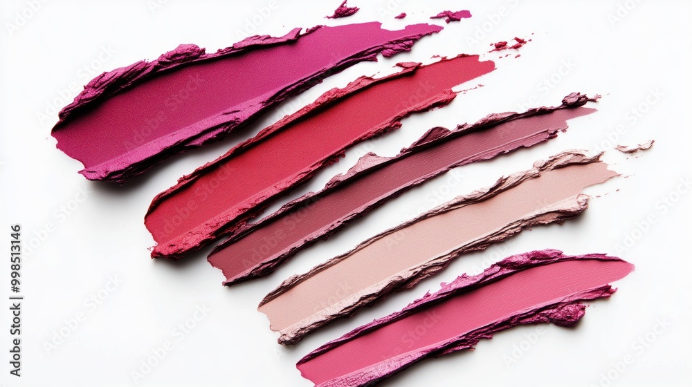 Fototapeta premium Lipstick swatches in bright and neutral tones arranged in parallel horizontal streaks, artfully displayed on white.