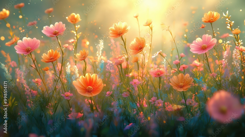A mesmerizing meadow filled with vibrant wildflowers glowing under the warm, golden sunlight at dawn. A mesmerizing meadow filled with vibrant wildflowers glowing under the warm, golden sunlight at dawn.