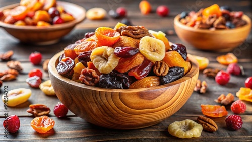 A bowl overflowing with dried fruits ready to be enjoyed as a snack.