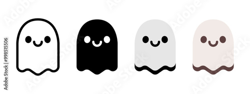Cute ghost icon. Smiling ghost vector illustration. Phantom spirit Halloween character symbol. Spook logo. Black and white ghost logotype. Cute spirit symbol. Smiling phantom silhouette.