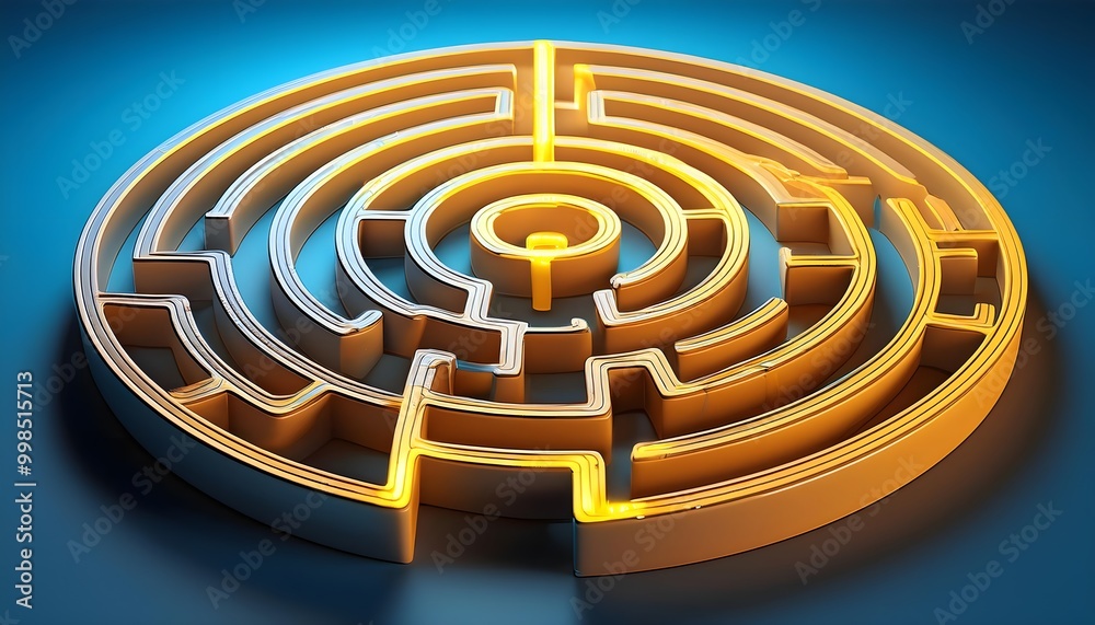 A Labyrinth with a bright yellow trail against a blue backdrop, illustrating the concept of problem solving. 3D rendering A Labyrinth with a bright yellow trail against a blue backdrop, illustrating the concept of problem solving. 3D rendering