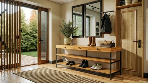 Interior stylish modern wooden entrance hallway decor with cozy wooden tone, contemporary home with furniture desk, stand and shoe bench.