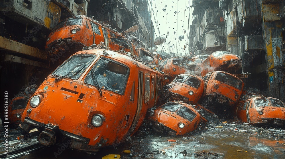 A Pile of Rusty Trains in a Ruined City A Pile of Rusty Trains in a Ruined City