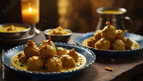 Free Photo Creamy kadhi pakora takes center stage in this delectable image. The golden yellow kadhi is rich and smooth new 