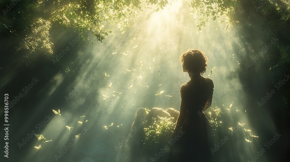 Mystical Forest: Woman Silhouetted in Sunlight Mystical Forest: Woman Silhouetted in Sunlight