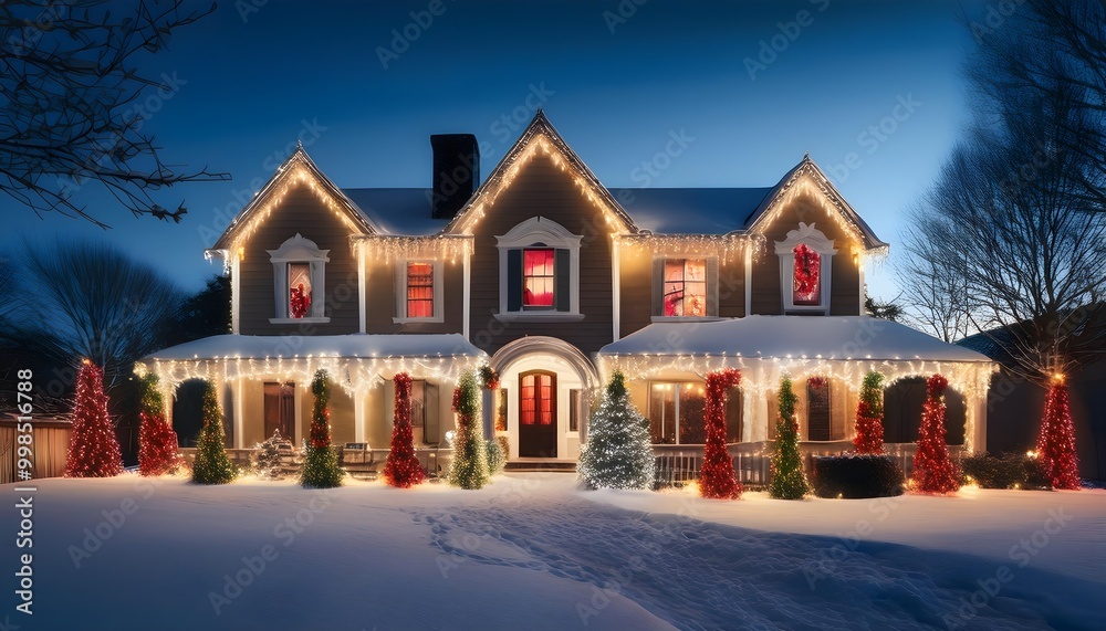 A charming house beautifully decorated with an array of Christmas lights and festive ornaments, embracing the spirit of the holiday season A charming house beautifully decorated with an array of Christmas lights and festive ornaments, embracing the spirit of the holiday season