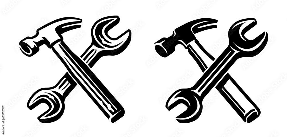 Fototapeta premium Hammer and wrench icon. Repair tools crossed symbol. Construction work, workshop emblem