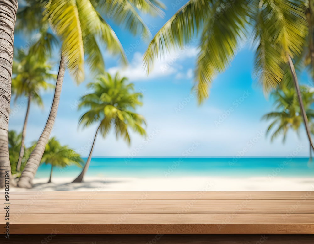 Top of wood table with sea sky and coconut tree background Top of wood table with sea sky and coconut tree background