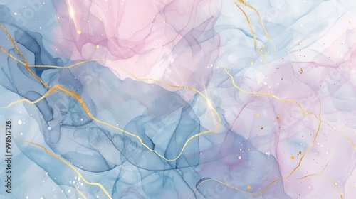Abstract watercolor paint background illustration - Soft pastel pink blue color and golden lines
