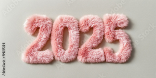 New Year 2025 written on fluffy pink fur background