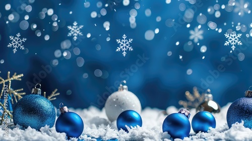 blue christmas background with snowflakes and christmas balls. Copy space backgrounds