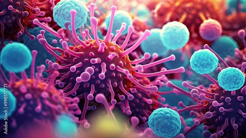 Close up of bacteria and virus cells. Biology, Science medicine background