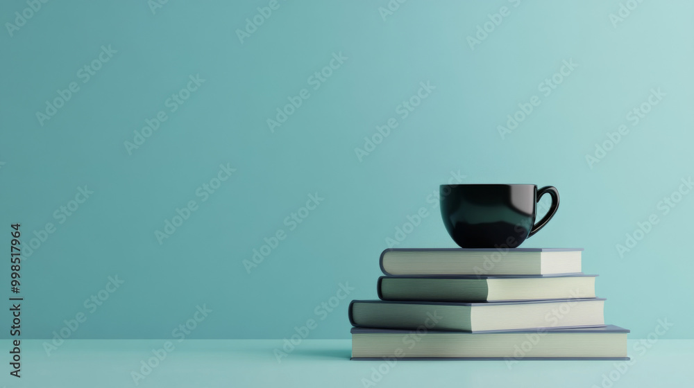 Coffee cup on stacked books on table, reading concept color background with copy space