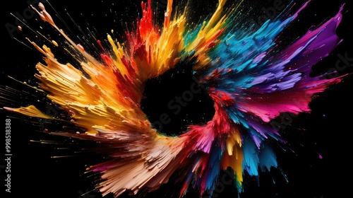 Fantastic spiral explosion colorful liquid paint splatter on black background