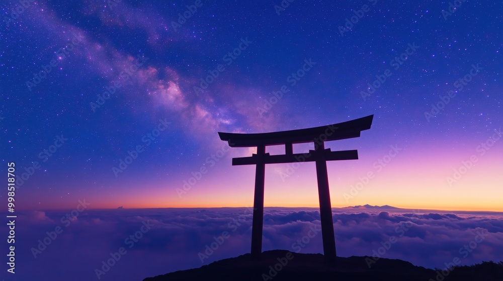 鳥居のある穏やかな夜空 - ポスターやカードに最適 鳥居のある穏やかな夜空 - ポスターやカードに最適
