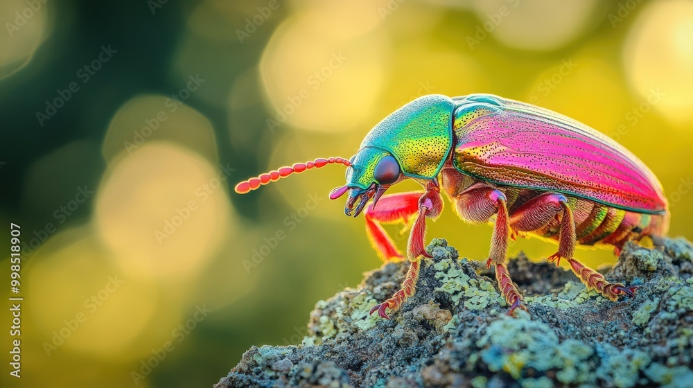 Naklejka premium A vibrant green, pink, and iridescent beetle perched on a rock.