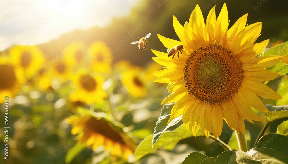 Sunflower Field with Bees in Bright Sunlight Sunflower Field with Bees in Bright Sunlight
