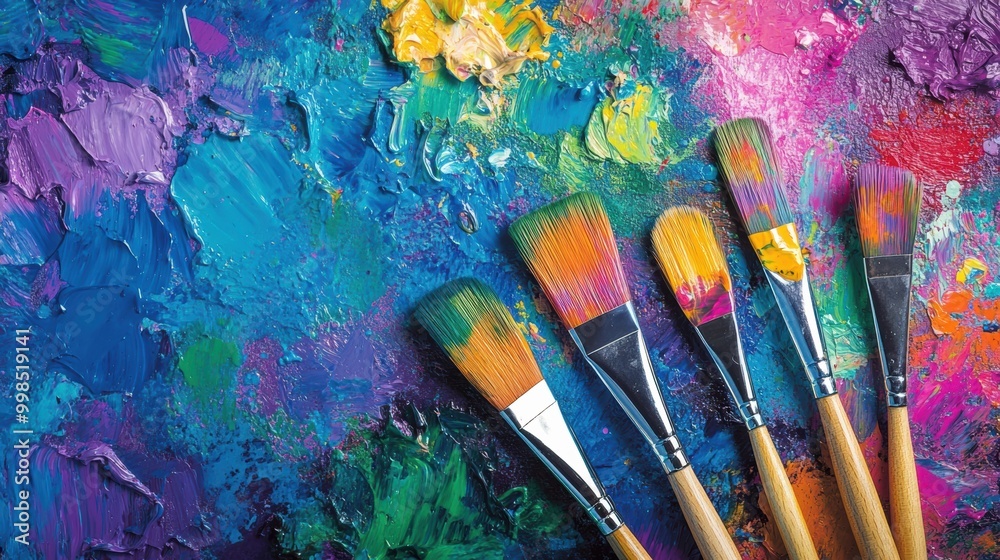 Fototapeta premium Bright splashes of color from paint and brushes lay on a canvas, showcasing an abstract and creative artistic process in progress. Generative AI