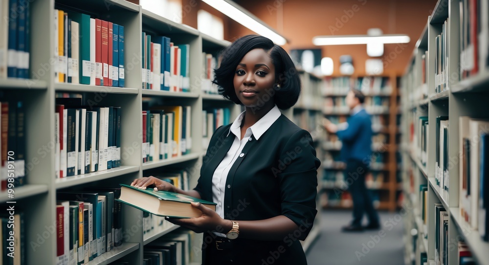 Calm young Black librarian in a library organizing books Calm young Black librarian in a library organizing books