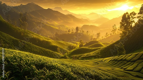 Golden Hour Sunrise Over Lush Green Tea Plantation Hills photo