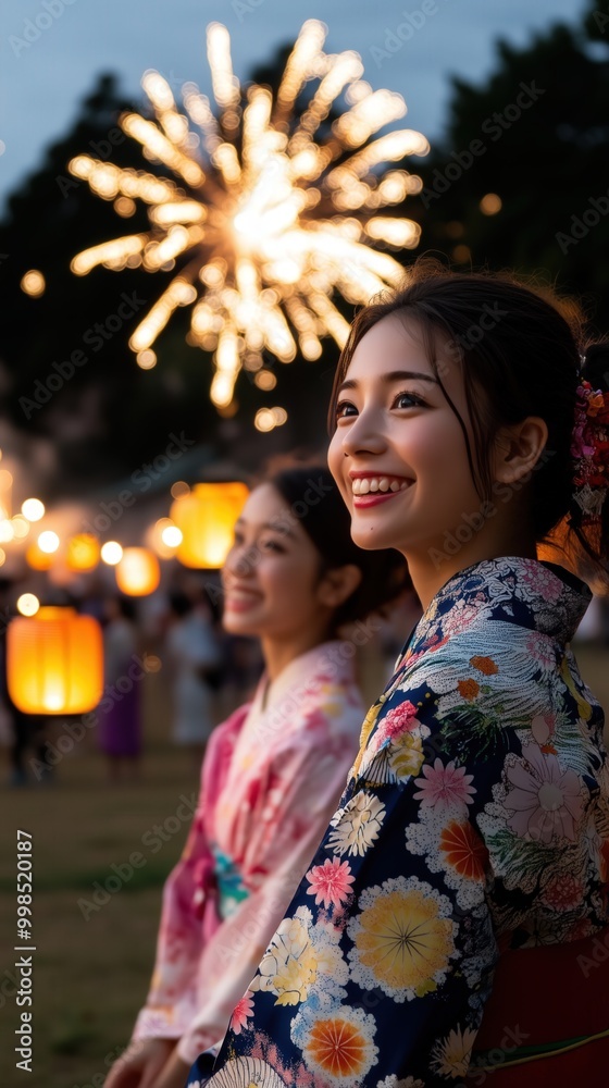 日本の夏祭りの魅惑的な花火と提灯