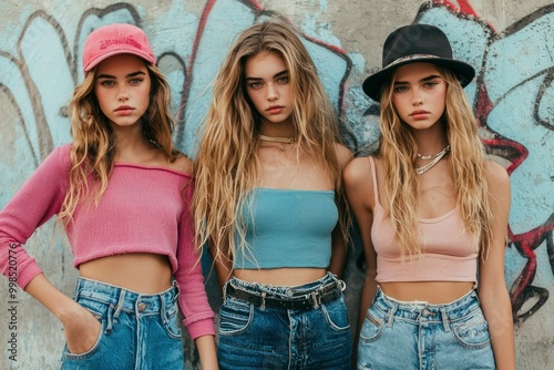 Three Young Women Posing in Front of a Graffiti Wall photo