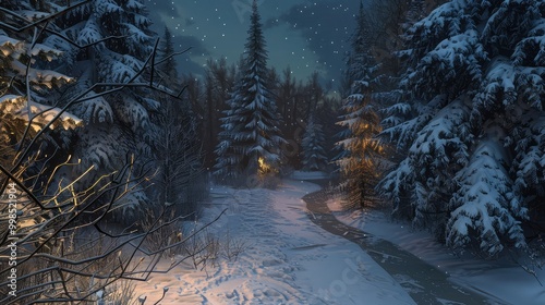 winter night landscape. snowy forest and fir branches