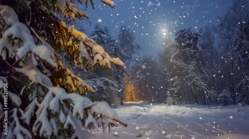 winter night landscape. snowy forest and fir branches