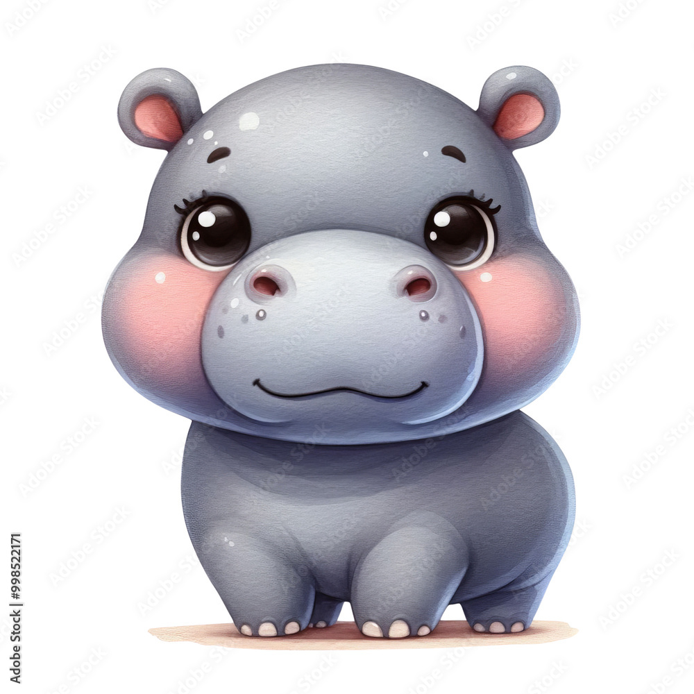 Adorable cartoon watercolor illustration of a baby hippo with big eyes and blushing cheeks, for kids' designs or cute prints.
