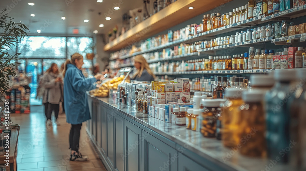 Shoppers browse a wide selection of vitamins, supplements, and natural products in a bustling health store during a busy afternoon Shoppers browse a wide selection of vitamins, supplements, and natural products in a bustling health store during a busy afternoon