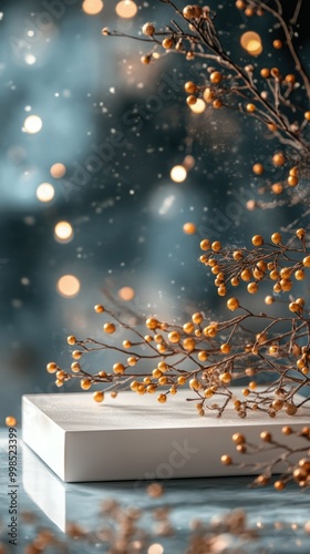 A white podium with a bokeh background and berries.