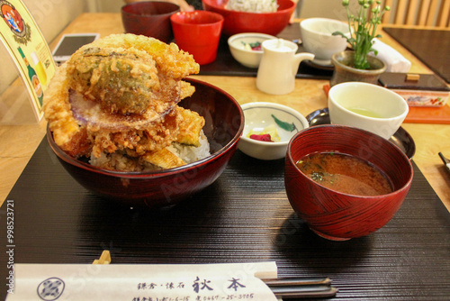 Japanese tempura rice bowl set served on table with delicious lunch vibe