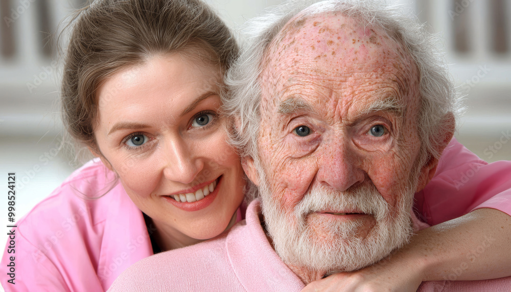A caring nurse placing a comforting hand on the shoulder of an elderly man in a wheelchair, both smiling. A caring nurse placing a comforting hand on the shoulder of an elderly man in a wheelchair, both smiling.