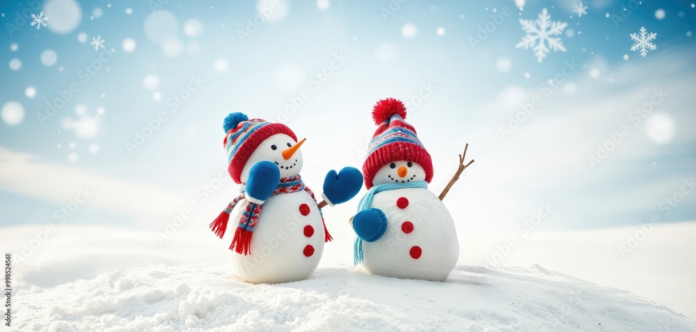 Fototapeta premium Two snowmen, one with a blue heart and the other with a red heart, stand side by side on a snowy hill, surrounded by snowflakes and a clear blue sky, creating a joyful winter scene