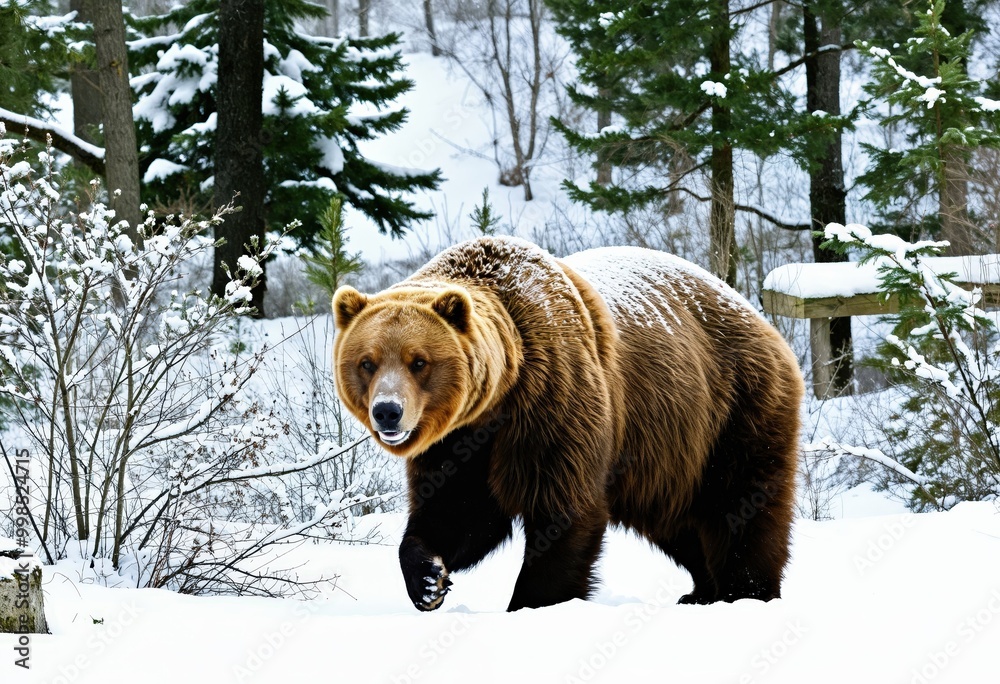 Fototapeta premium A majestic brown bear with a rich coat walks through a snowy forest, surrounded by snow-covered trees and a wooden structure, creating a serene and captivating scene