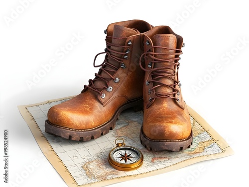 Rugged Leather Hiking Boots with Vintage Map and Compass on Minimal White Background
