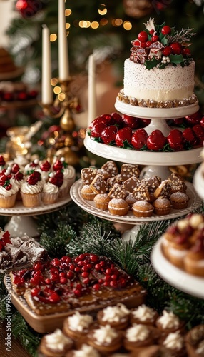 Elegant Christmas Dessert Table Filled with Festive Cakes, Cookies, and Pastries for Holiday Celebration